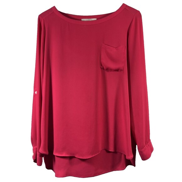 Ann Taylor LOFT Size M Solid Hot Pink Long Sleeve Boat Neck Pullover Blouse - Picture 1 of 11